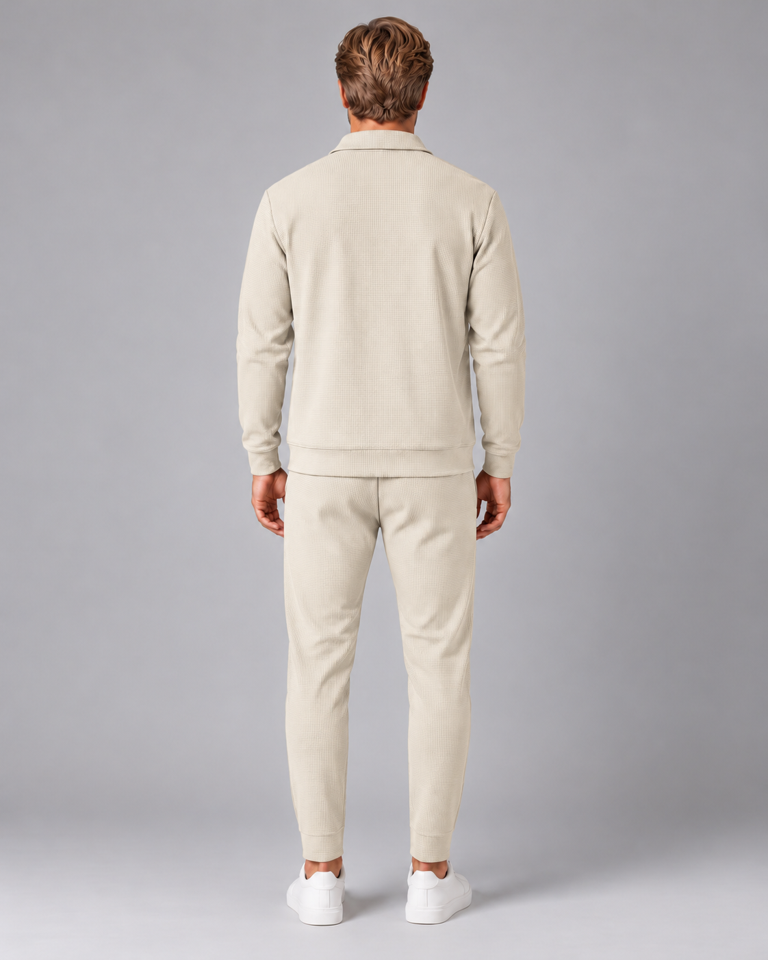 Men's Waffle Tracksuit Set – Collared Zip Jacket & Trousers