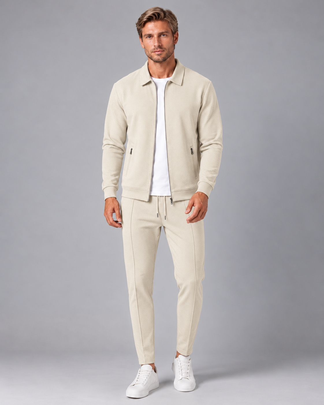 Men's Waffle Tracksuit Set – Collared Zip Jacket & Trousers