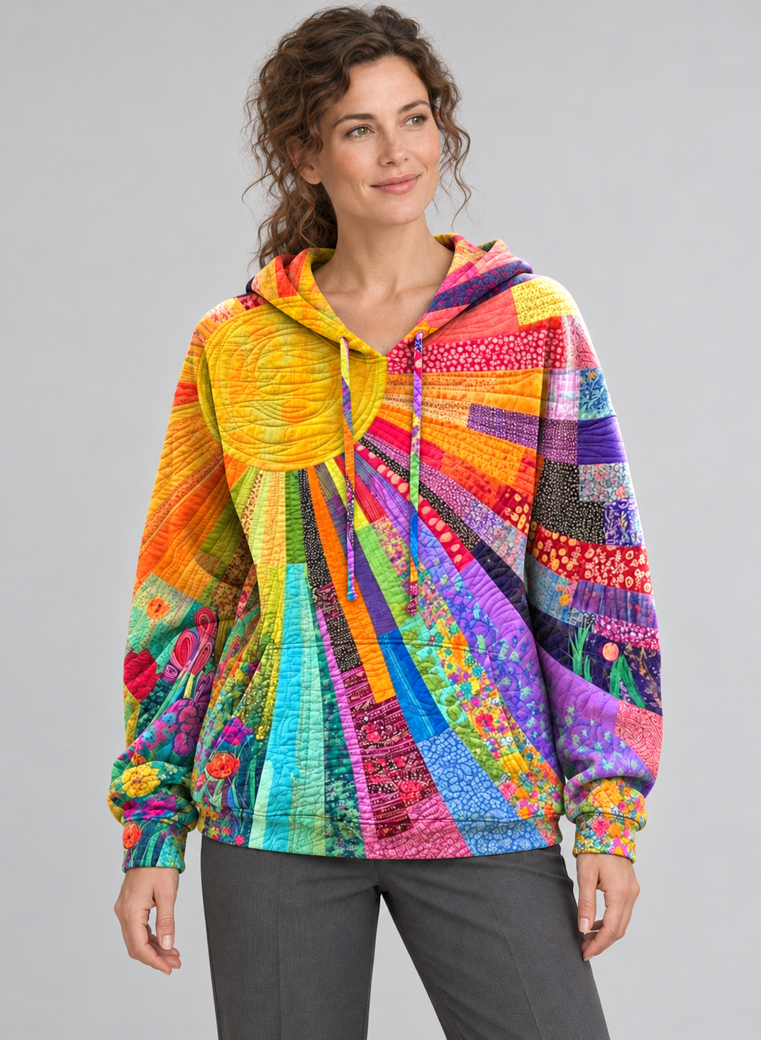 Women’s Hoodie With Patchwork Sun Print