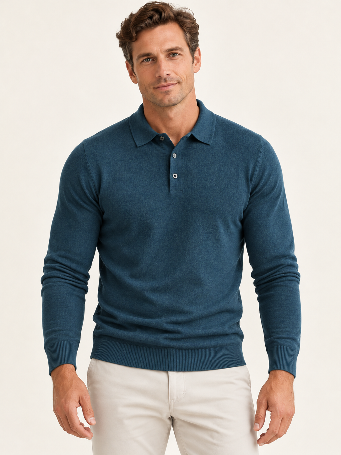 Men’s Long-Sleeve Knitted Polo Shirt – Button Placket & Ribbed Trims