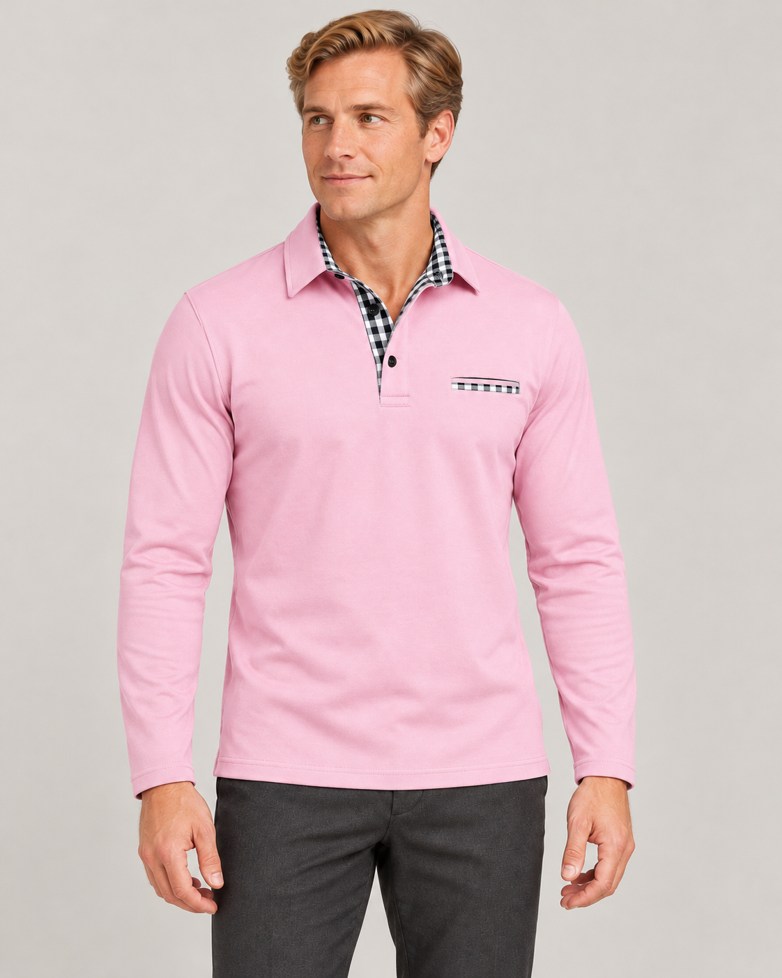 Men’s Long Sleeve Polo Shirt in Cotton Blend with Check Trim