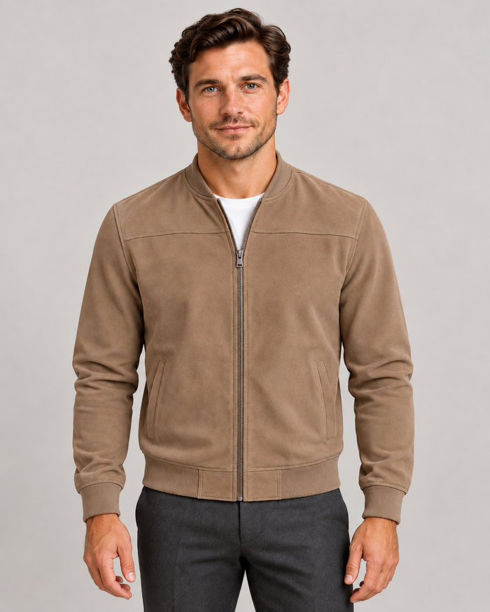 Men’s Faux Suede Bomber Jacket with Zip Front and Ribbed Trims