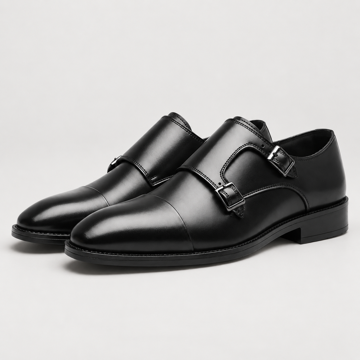 Men's Black Double Monk Strap Shoes – Cap-Toe Formal Style