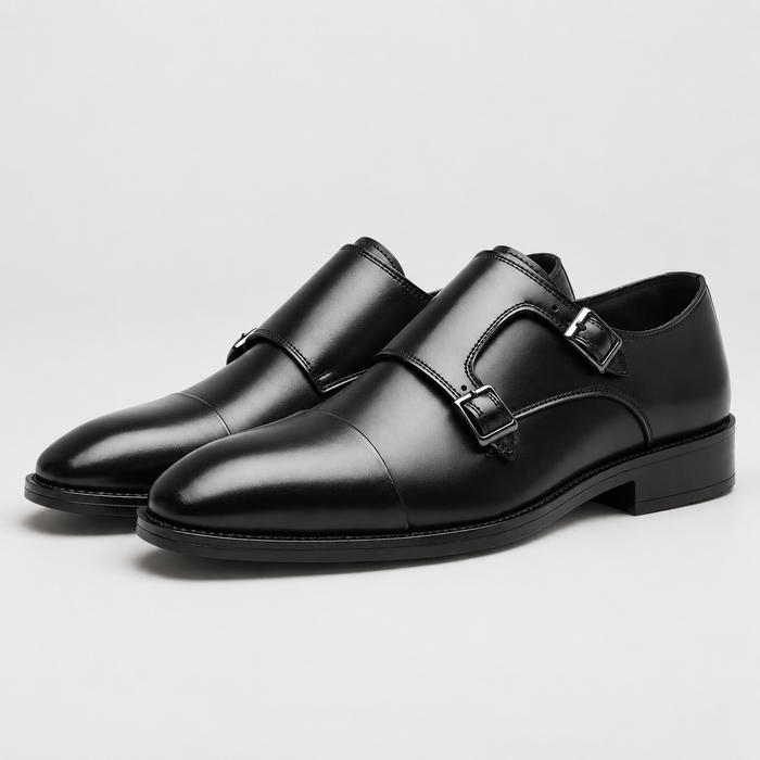 Men's Black Double Monk Strap Shoes – Cap-Toe Formal Style