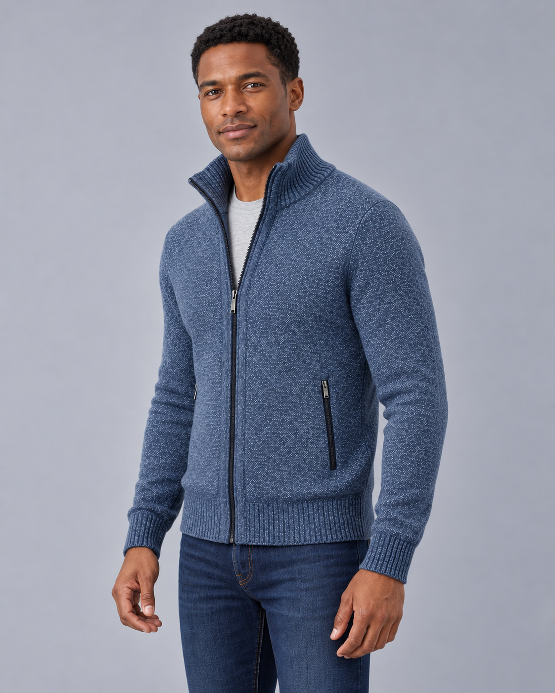 Men's Merino Wool Full-Zip Cardigan – Stand Collar & Zip Pockets