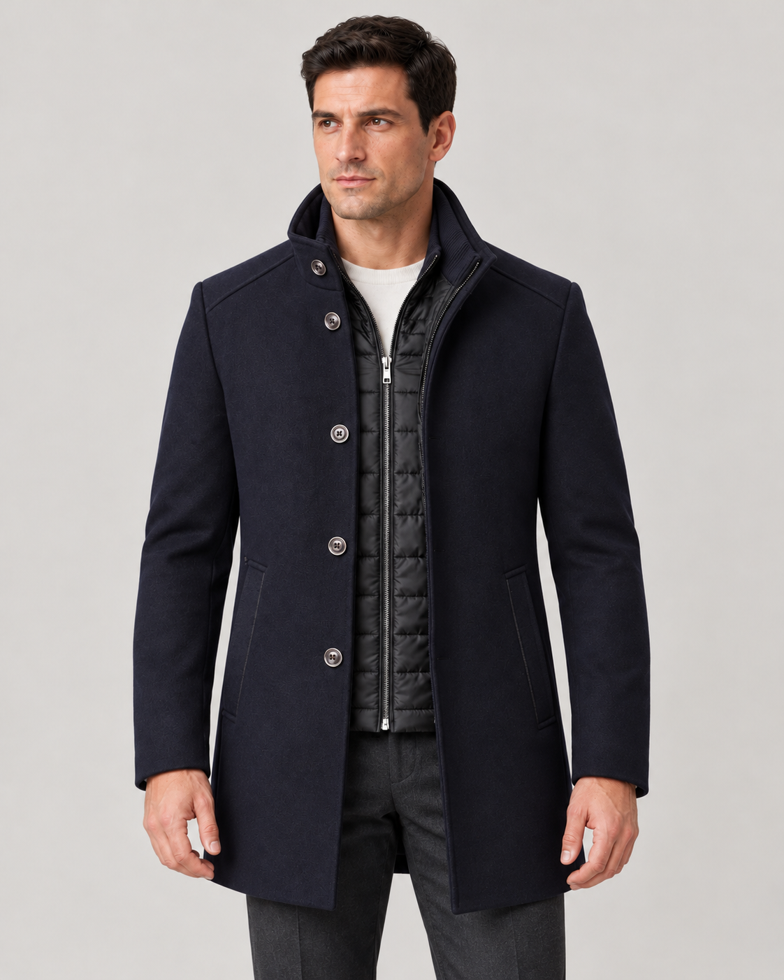 Men’s Winter Coat with Stand Collar and Detachable Quilted Gilet