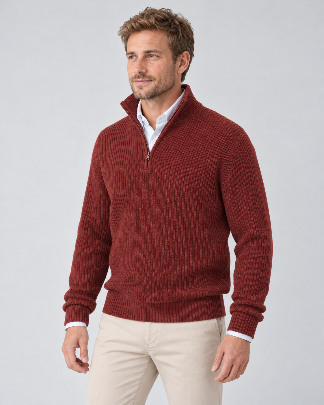Men's Cashmere Quarter-Zip Jumper – Ribbed Knit & High Collar