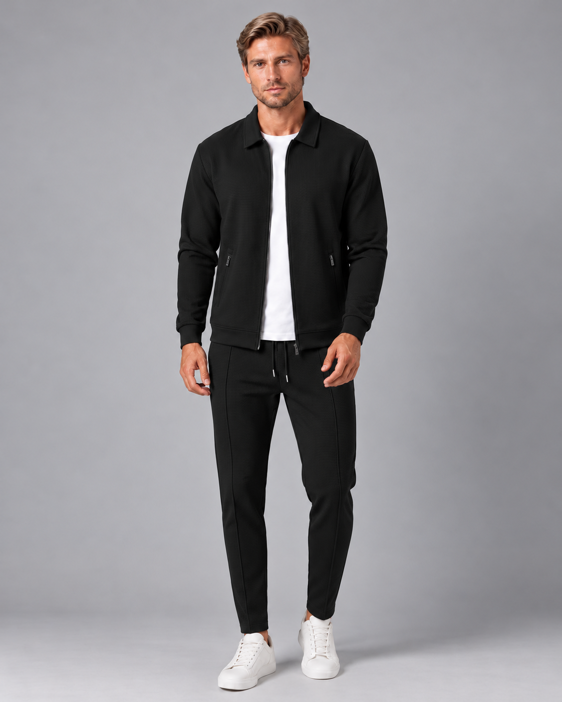 Men's Waffle Tracksuit Set – Collared Zip Jacket & Trousers