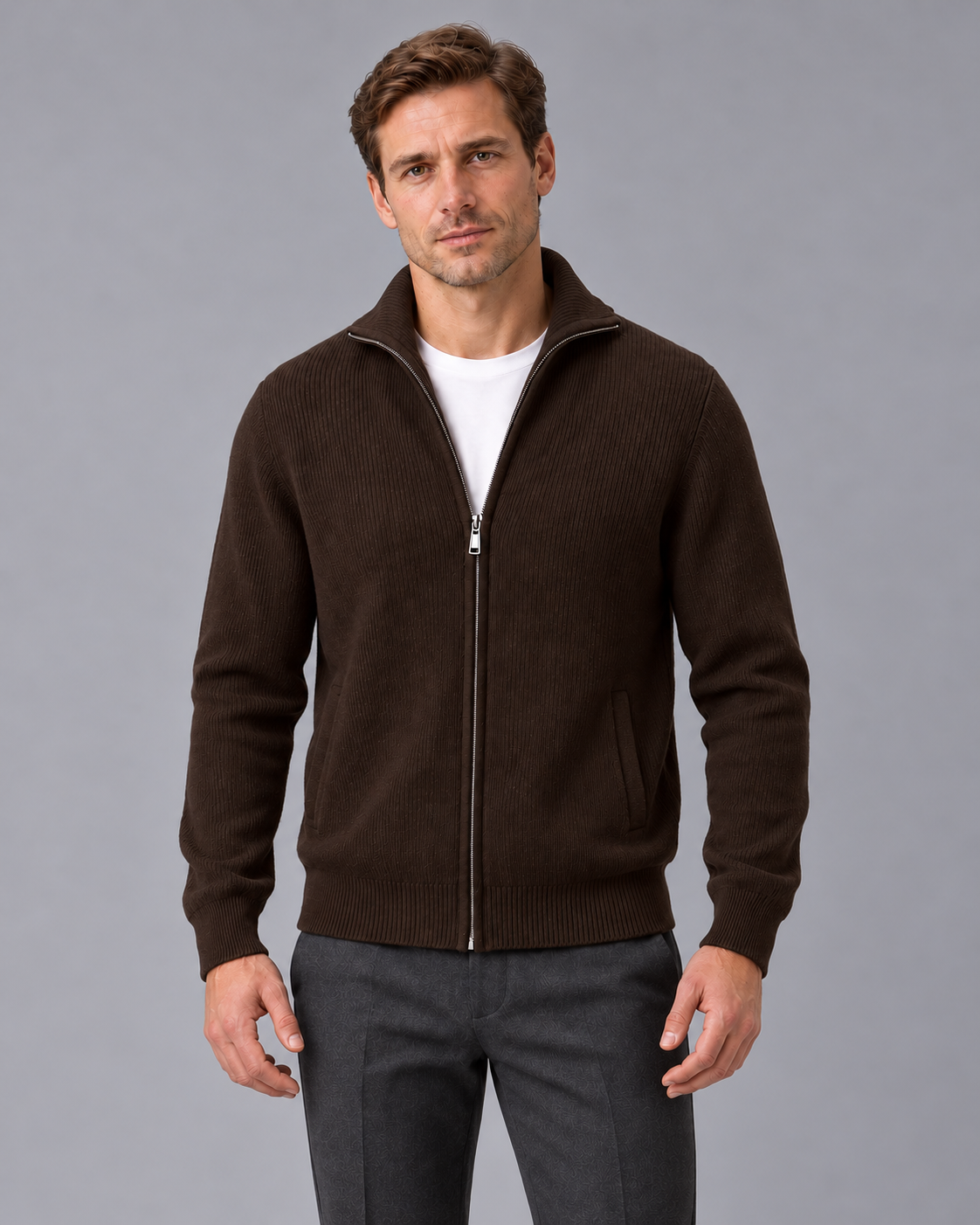 Men’s Cashmere Zip Cardigan – Rib Knit