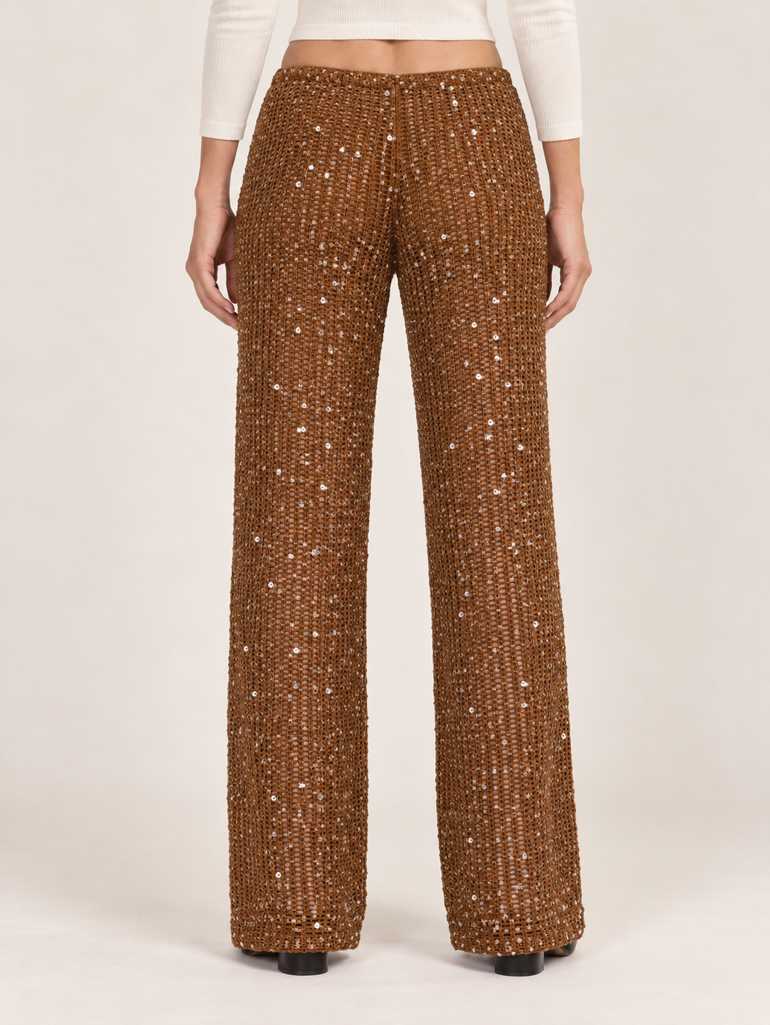 Women's Sequin Crochet Wide-Leg Trousers – Drawstring Waist