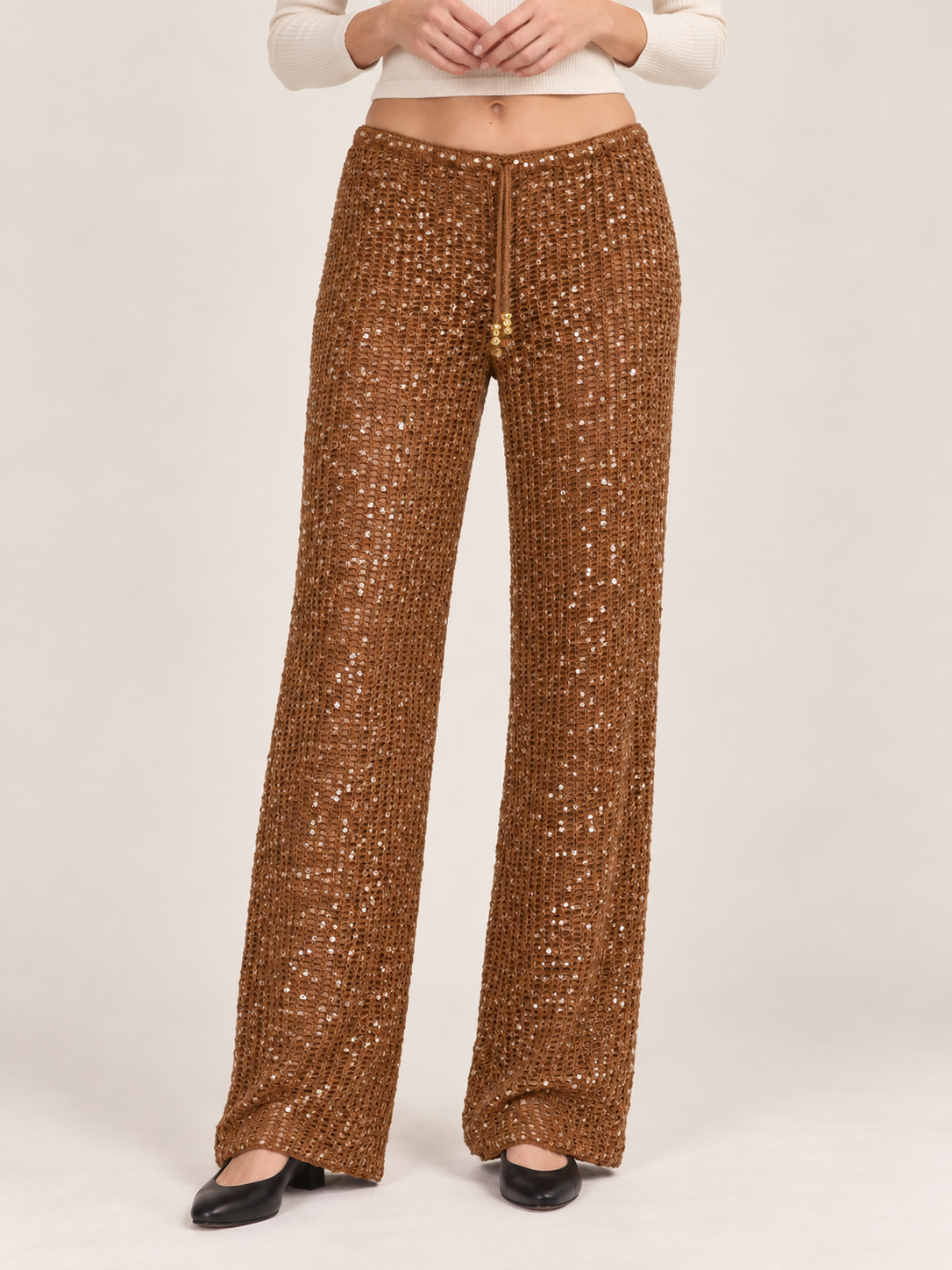 Women's Sequin Crochet Wide-Leg Trousers – Drawstring Waist