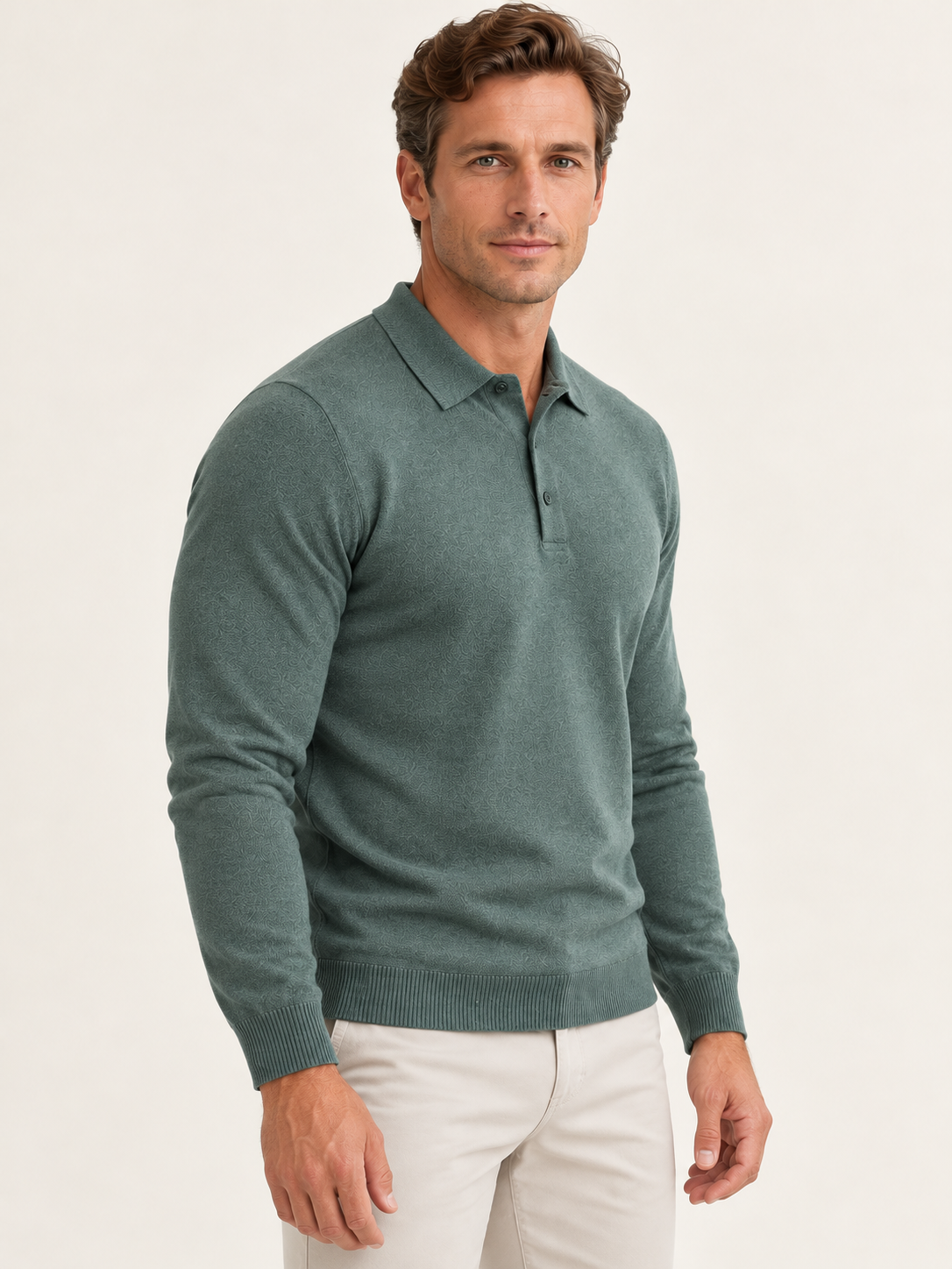 Men’s Long-Sleeve Knitted Polo Shirt – Button Placket & Ribbed Trims
