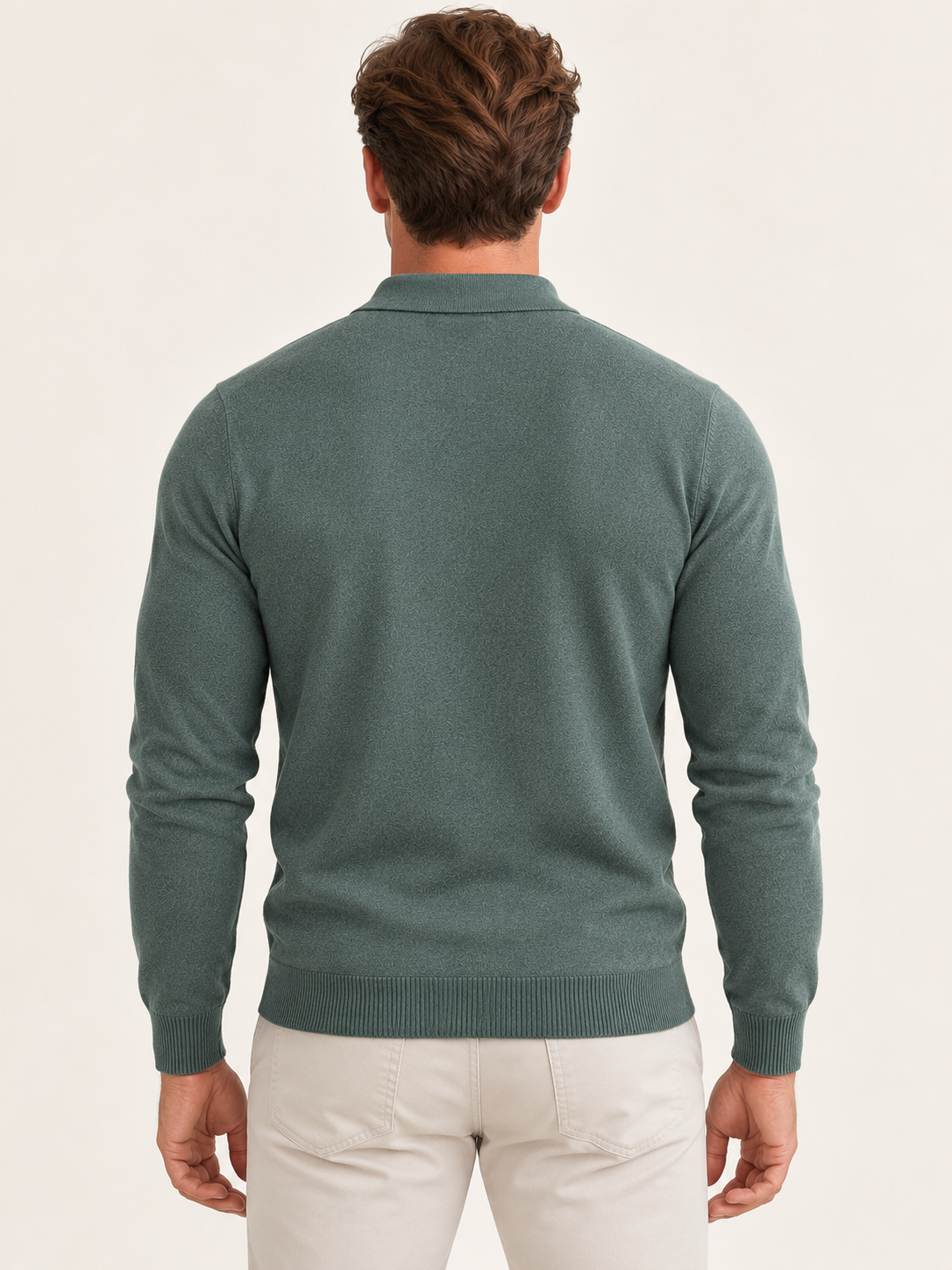 Men’s Long-Sleeve Knitted Polo Shirt – Button Placket & Ribbed Trims