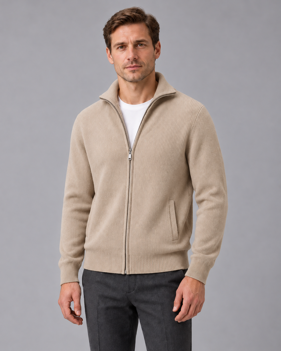Men’s Cashmere Zip Cardigan – Rib Knit