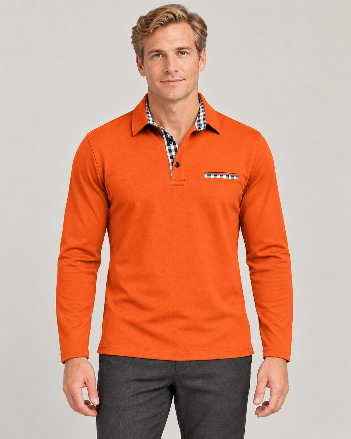 Men’s Long Sleeve Polo Shirt in Cotton Blend with Check Trim