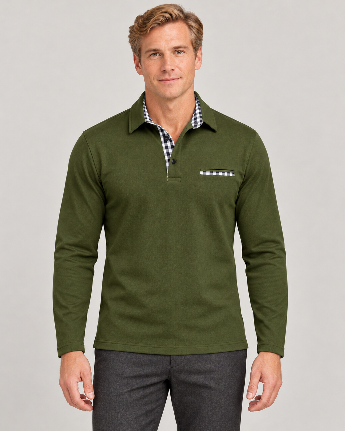 Men’s Long Sleeve Polo Shirt in Cotton Blend with Check Trim