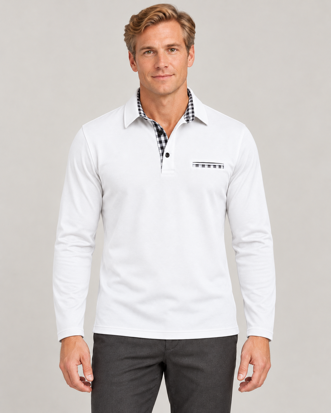 Men’s Long Sleeve Polo Shirt in Cotton Blend with Check Trim