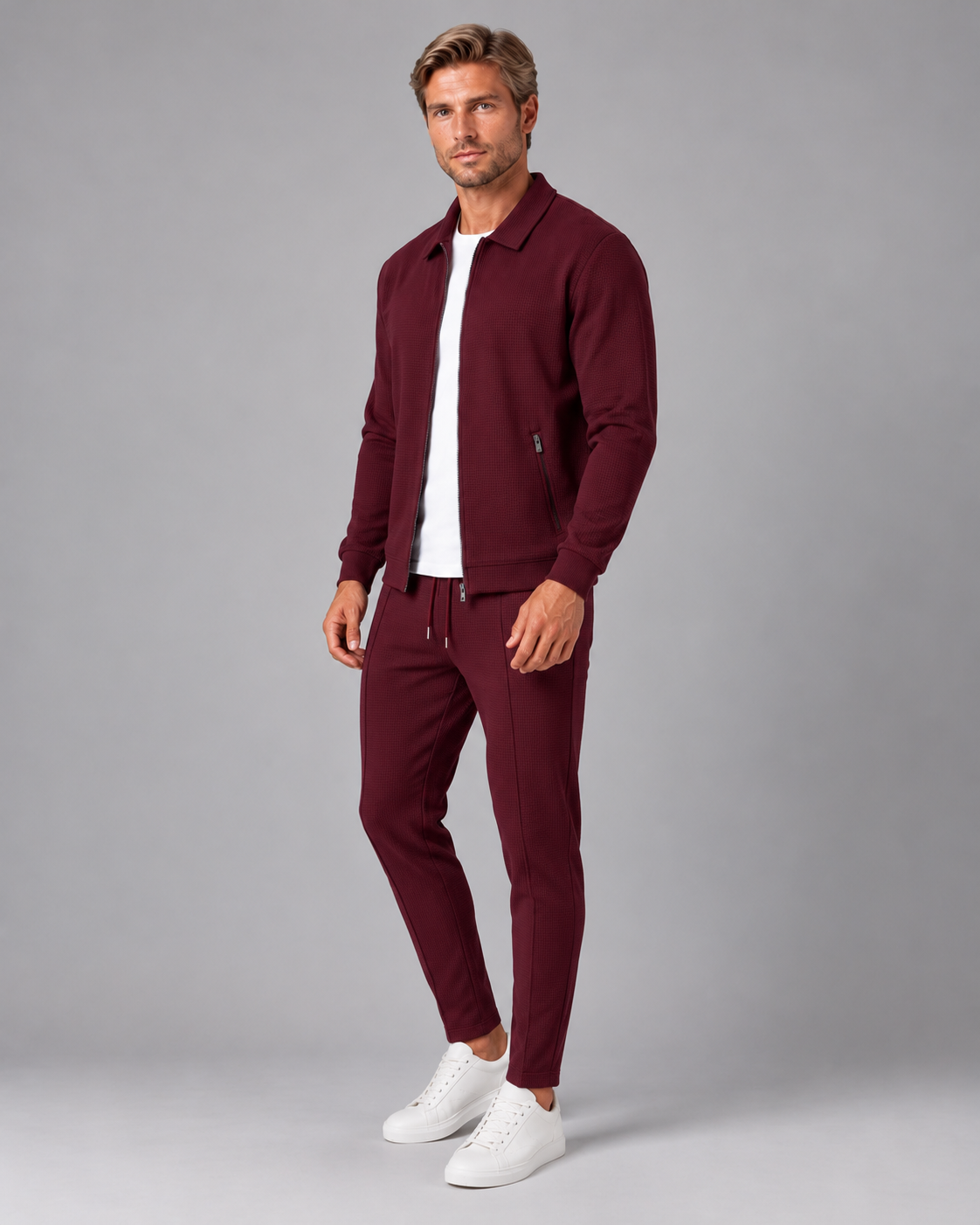 Men's Waffle Tracksuit Set – Collared Zip Jacket & Trousers