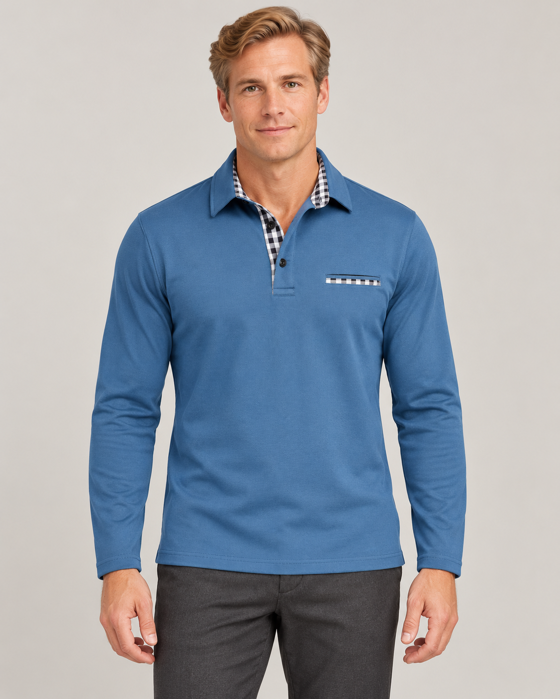 Men’s Long Sleeve Polo Shirt in Cotton Blend with Check Trim