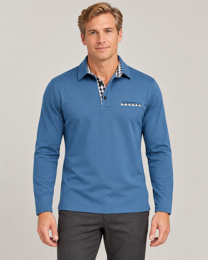 Men’s Long Sleeve Polo Shirt in Cotton Blend with Check Trim