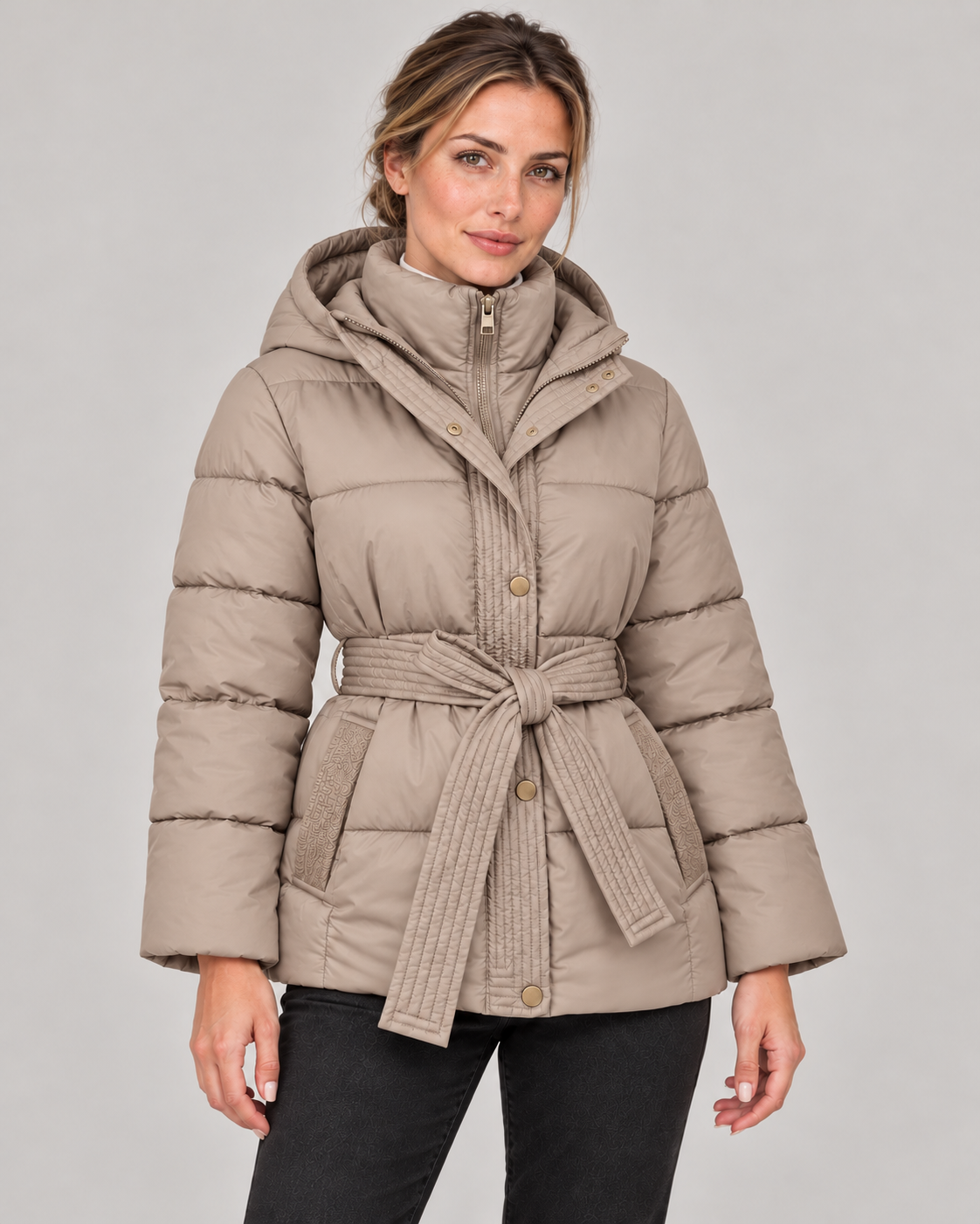 Women’s Hooded Puffer Jacket with Tie Belt and Quilted Finish
