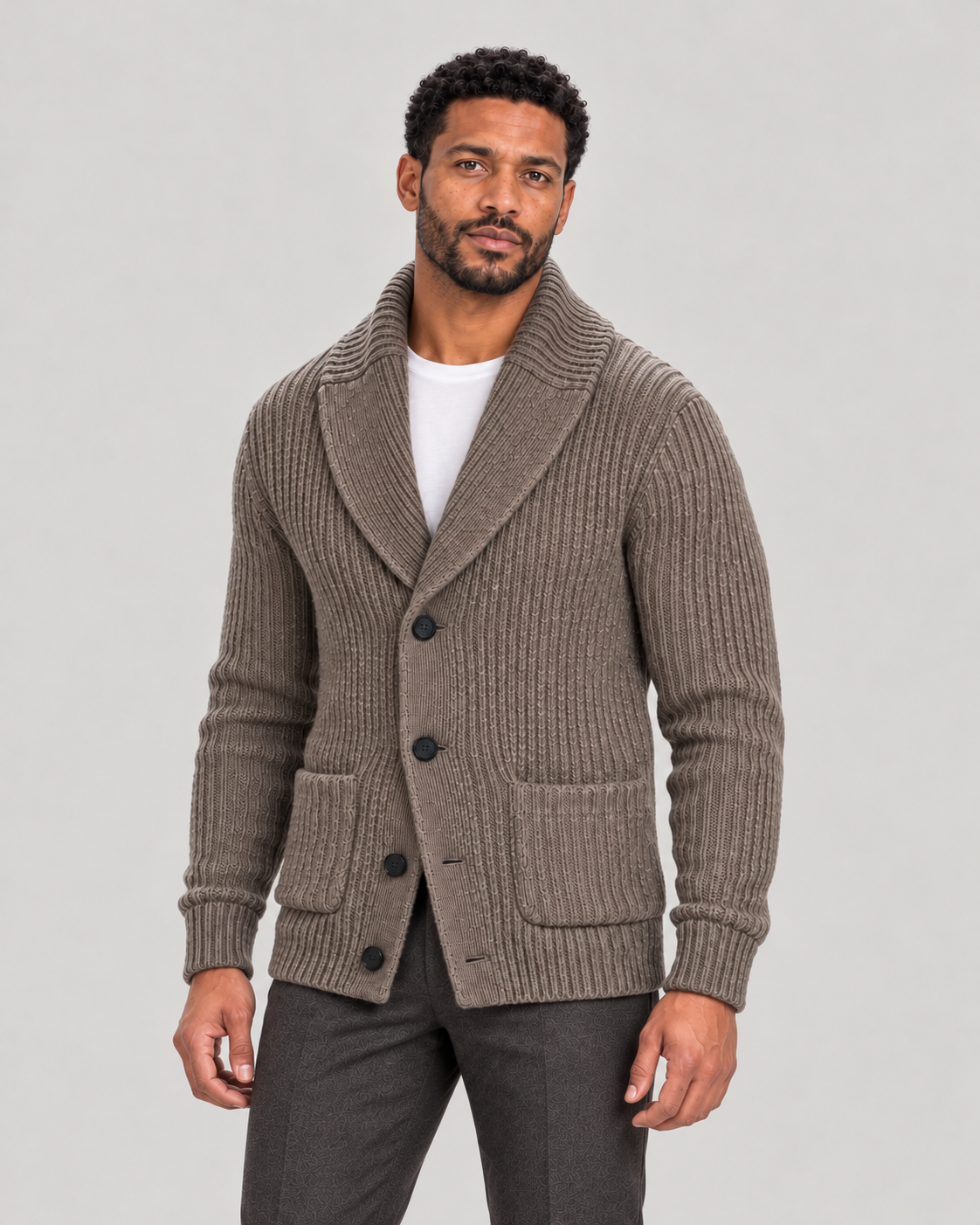 Men’s Shawl Collar Cardigan with Ribbed Knit and Button Front