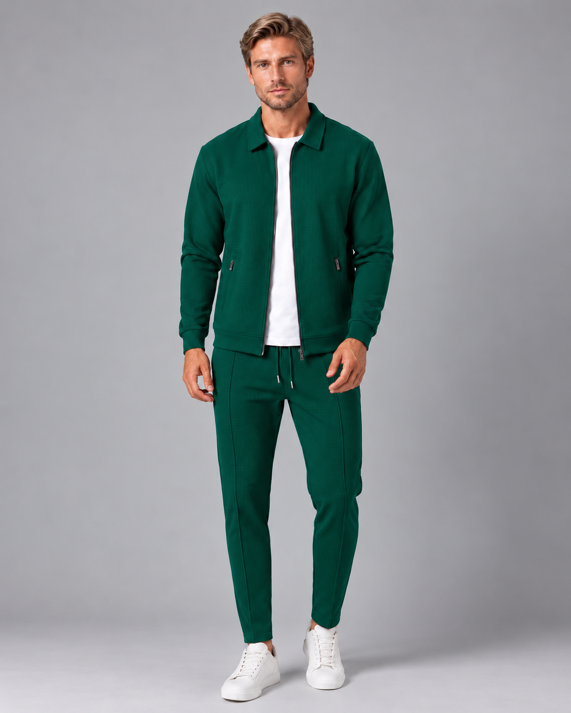 Men's Waffle Tracksuit Set – Collared Zip Jacket & Trousers