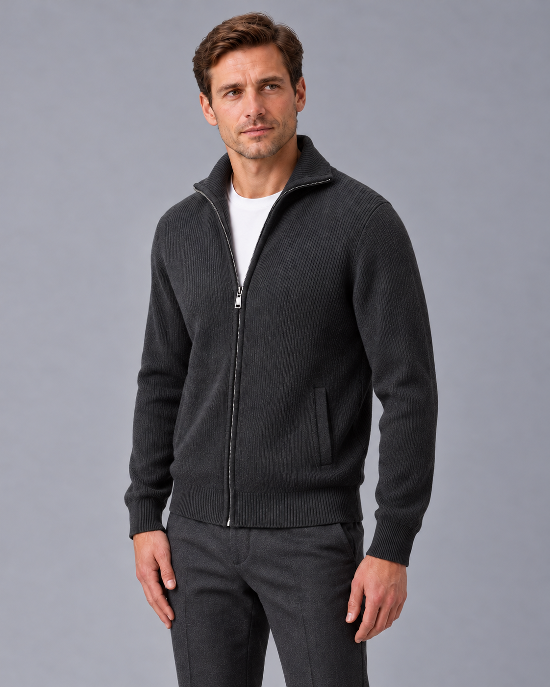Men’s Cashmere Zip Cardigan – Rib Knit