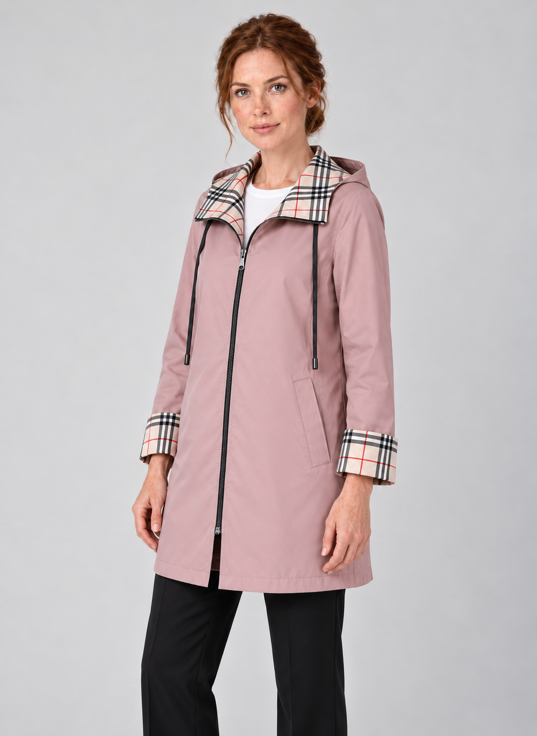 Women’s Hooded Long Raincoat with Zip Front and Check Trim