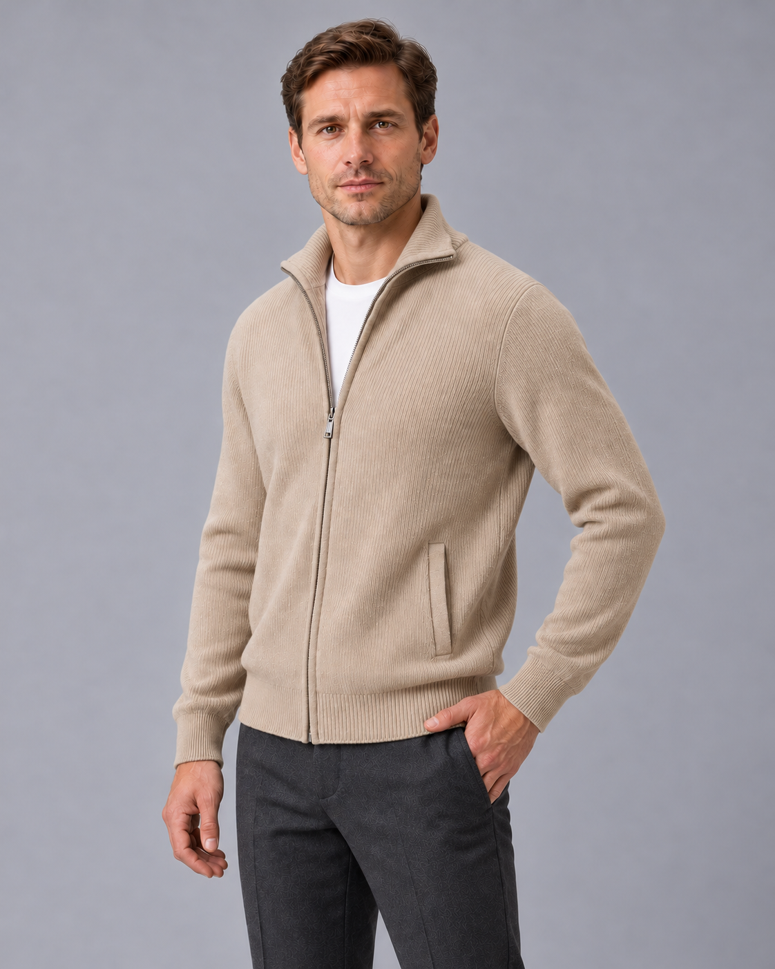 Men’s Cashmere Zip Cardigan – Rib Knit
