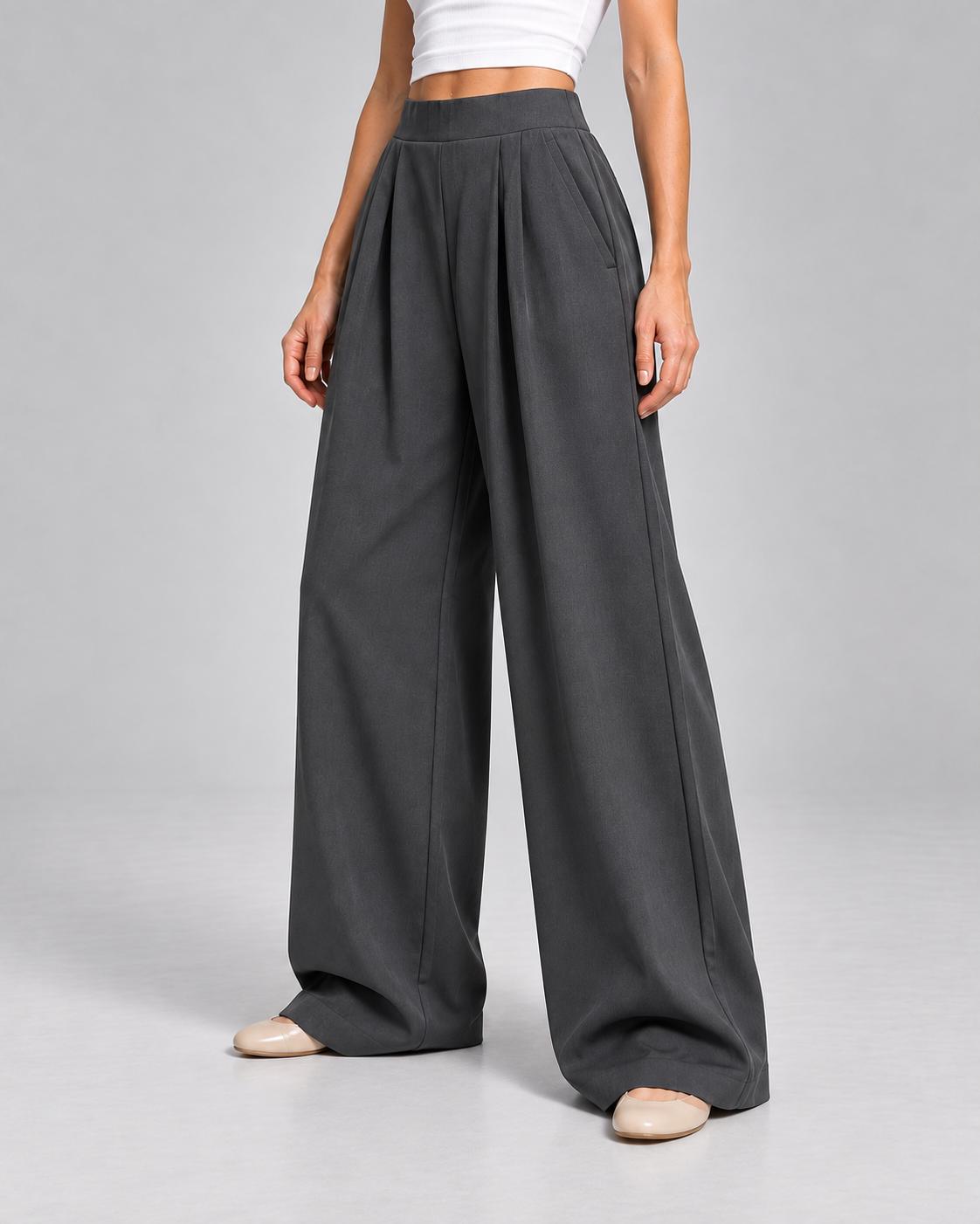 Ladies Wide Leg Trousers – High Waisted Pleated Style with Pockets
