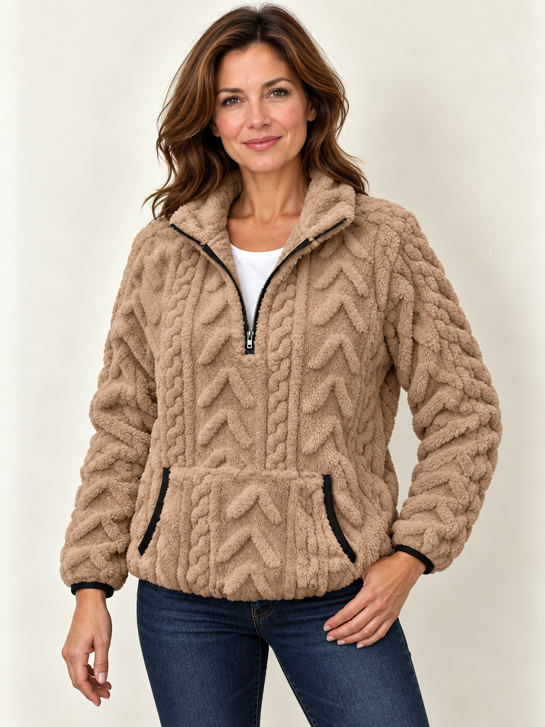 Women’s Half-Zip Fleece Jumper – Textured & Kangaroo Pocket