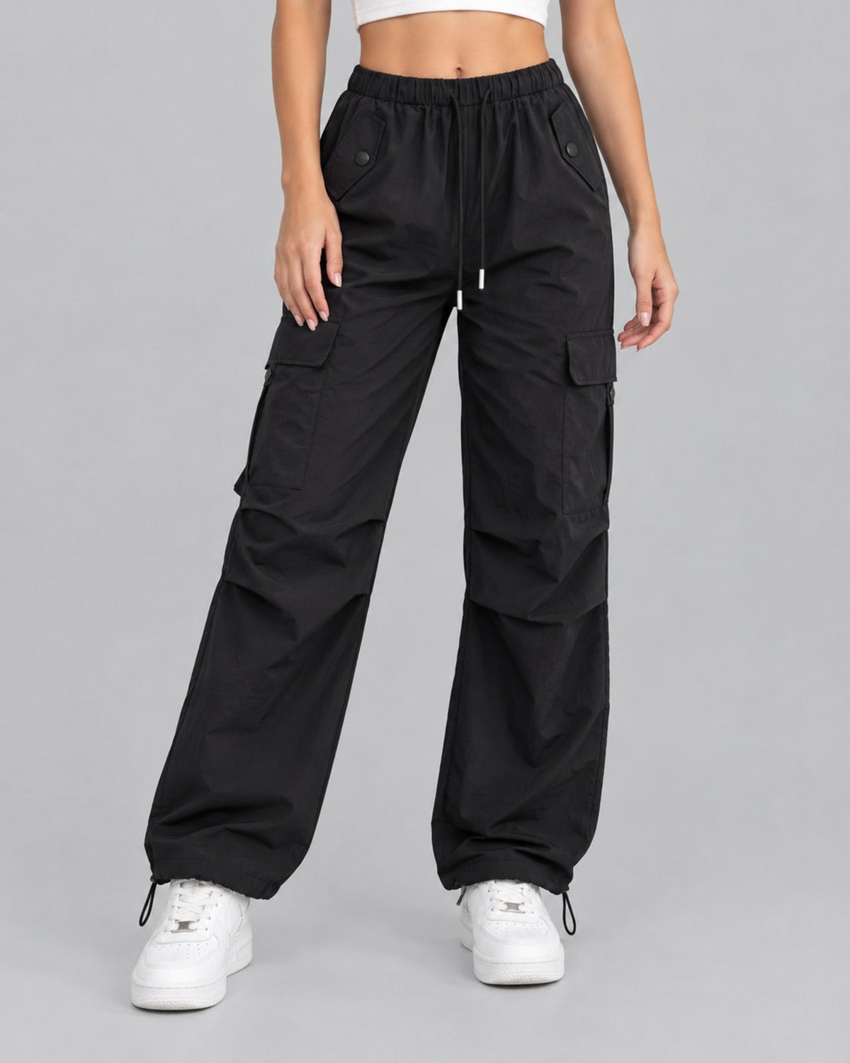 Women Cotton Cargo Parachute Pants With Drawstring Waist
