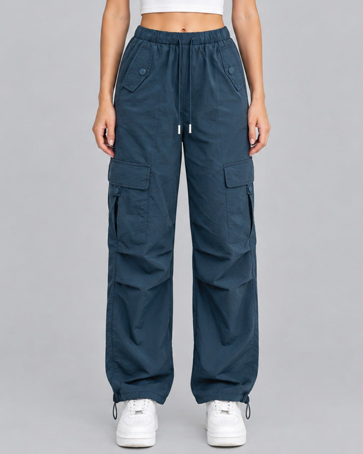 Women Cotton Cargo Parachute Pants With Drawstring Waist