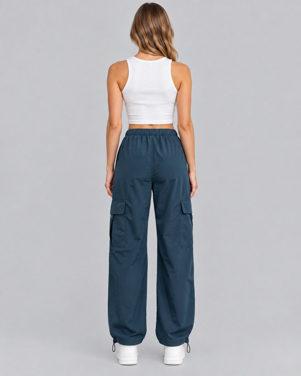 Women Cotton Cargo Parachute Pants With Drawstring Waist
