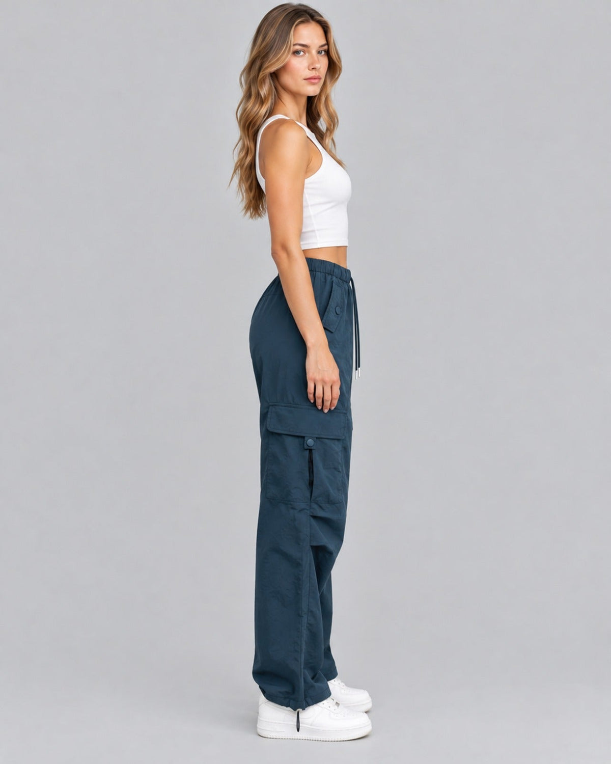 Women Cotton Cargo Parachute Pants With Drawstring Waist