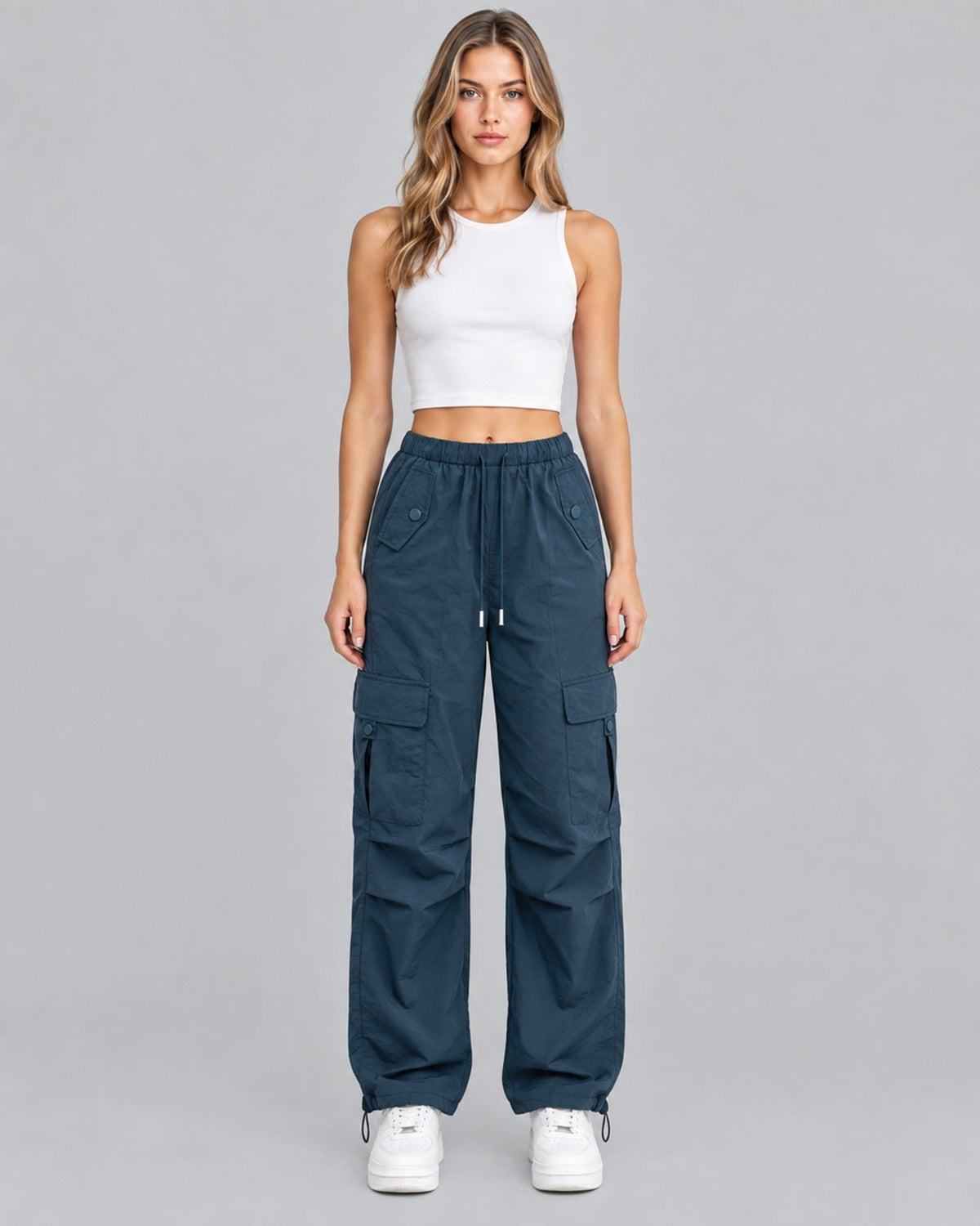Women Cotton Cargo Parachute Pants With Drawstring Waist