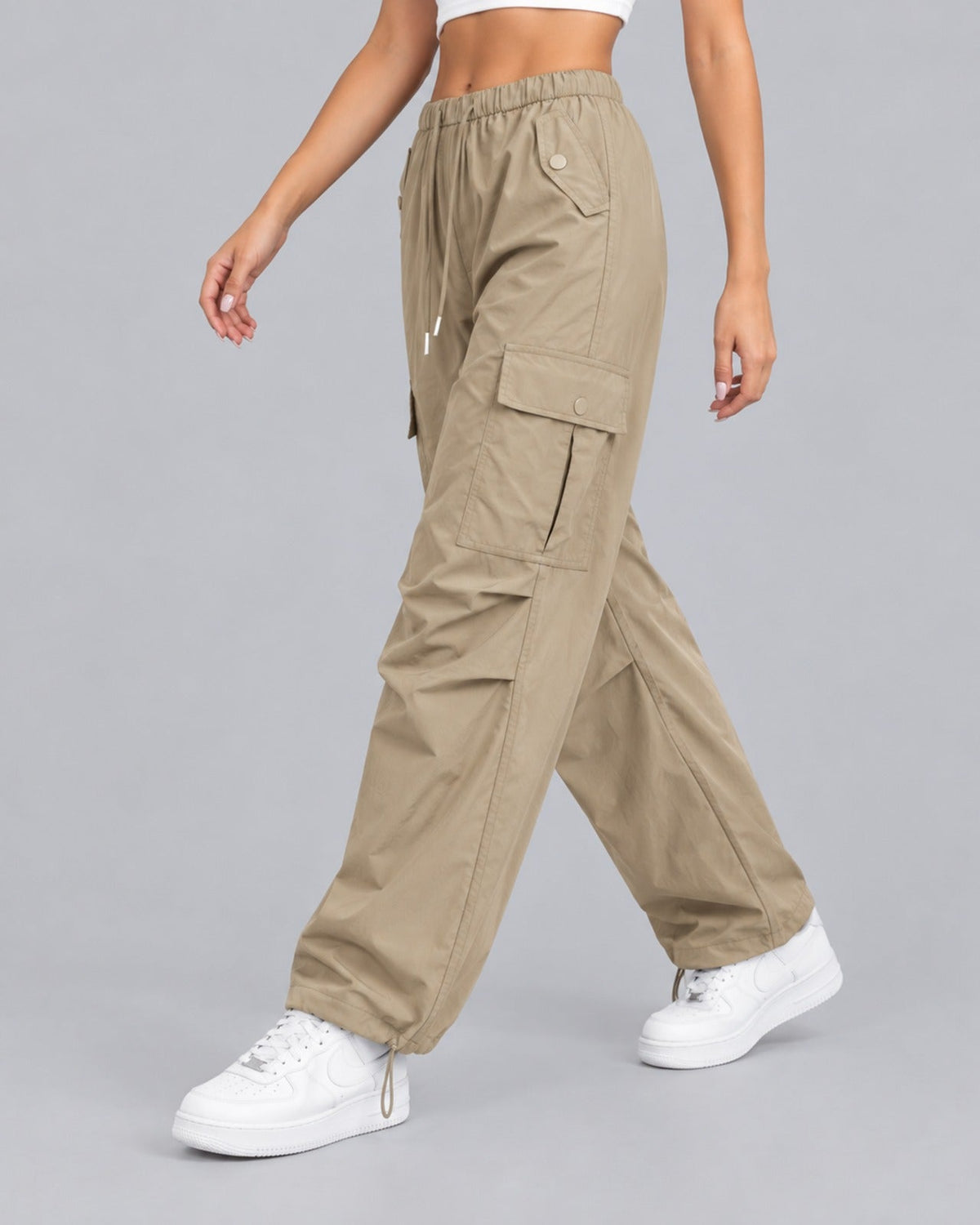 Women Cotton Cargo Parachute Pants With Drawstring Waist