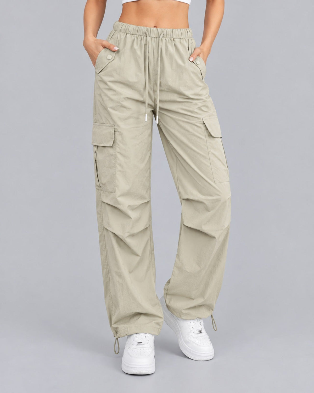 Women Cotton Cargo Parachute Pants With Drawstring Waist