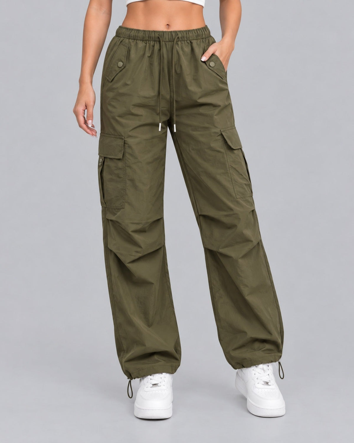 Women Cotton Cargo Parachute Pants With Drawstring Waist
