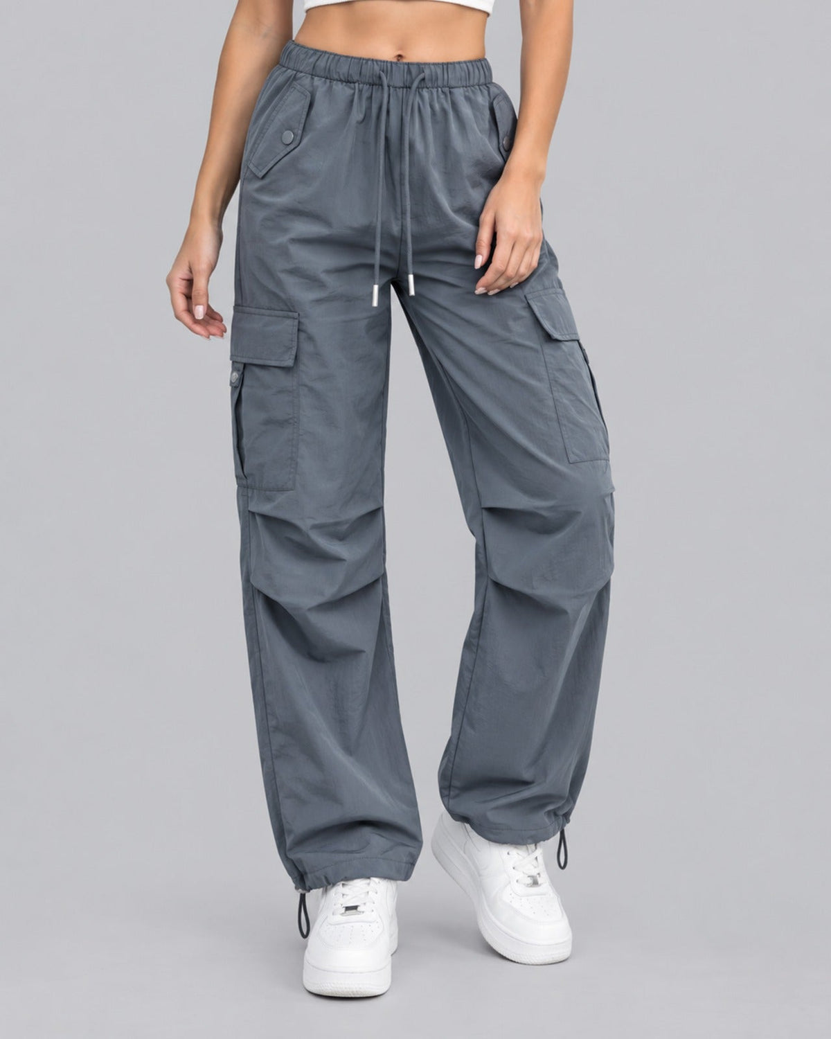 Women Cotton Cargo Parachute Pants With Drawstring Waist