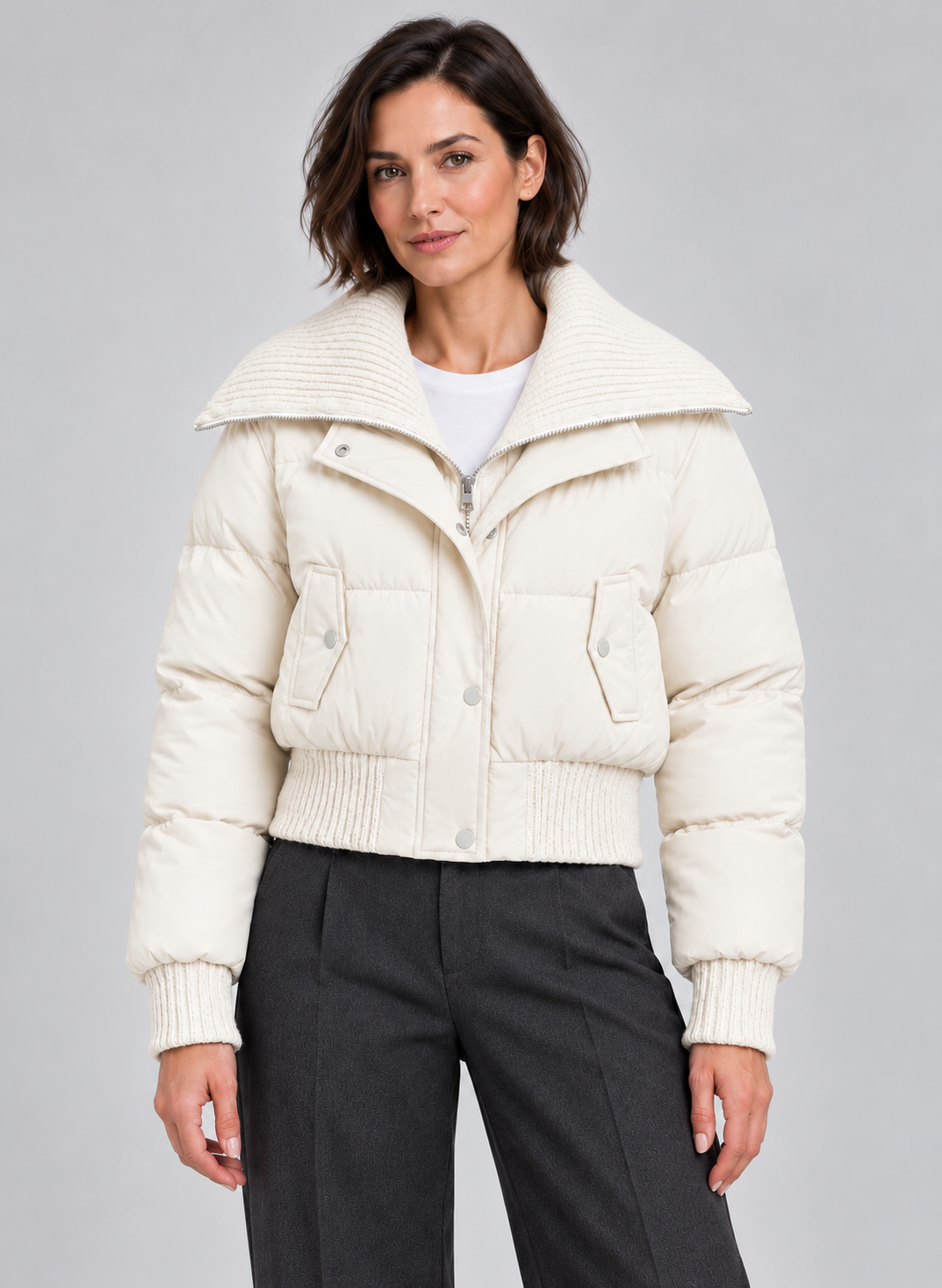 Women’s Puffer Jacket With Ribbed Knit Collar