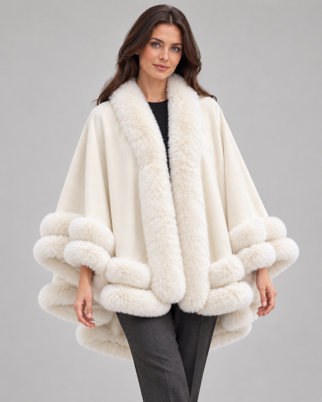 Women’s Cape Coat With Faux Fur Trim