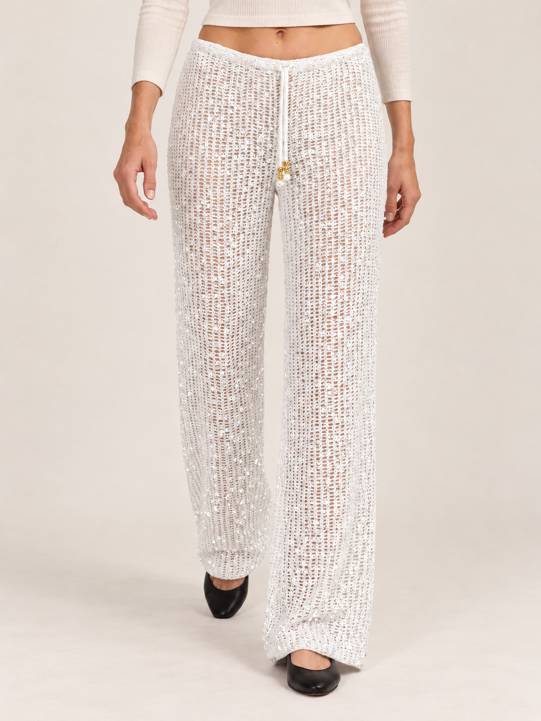 Women's Sequin Crochet Wide-Leg Trousers – Drawstring Waist