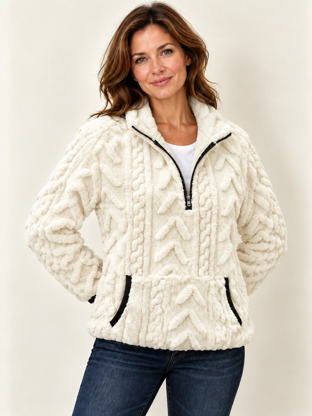 Women’s Half-Zip Fleece Jumper – Textured & Kangaroo Pocket