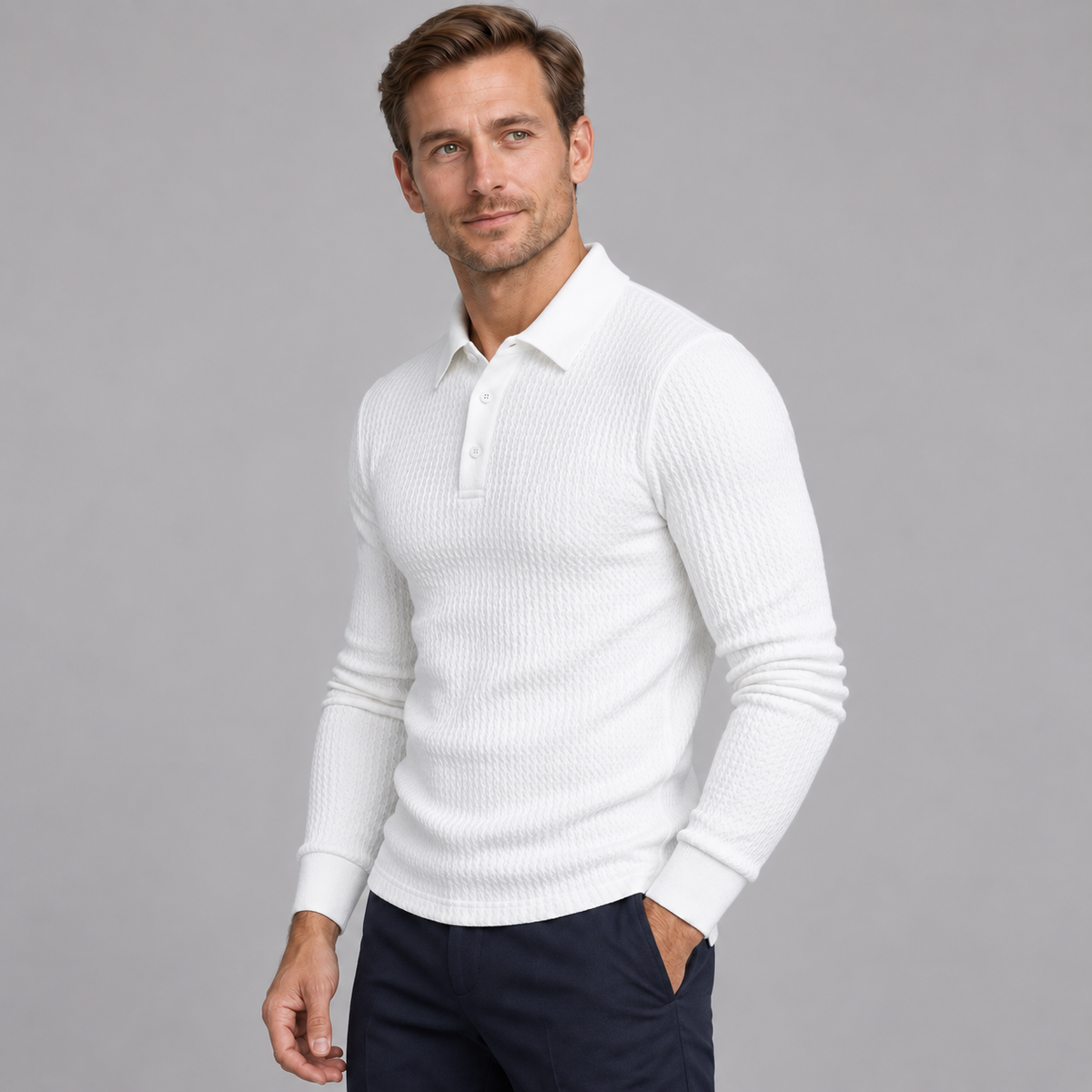 Men's Ribbed Long-Sleeve Polo Sweater – Slim Fit