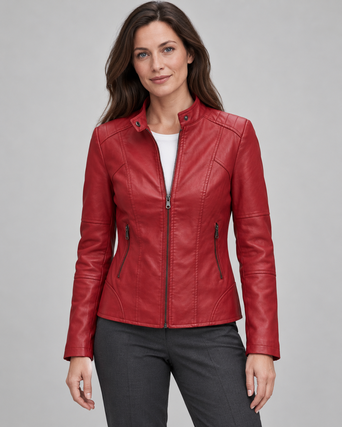 Women’s Faux Leather Jacket With Snap Collar
