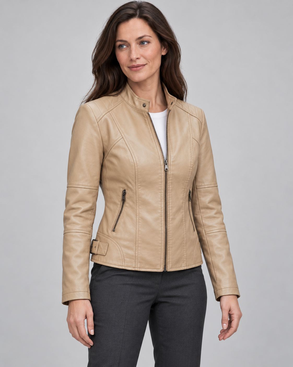 Women’s Faux Leather Jacket With Snap Collar