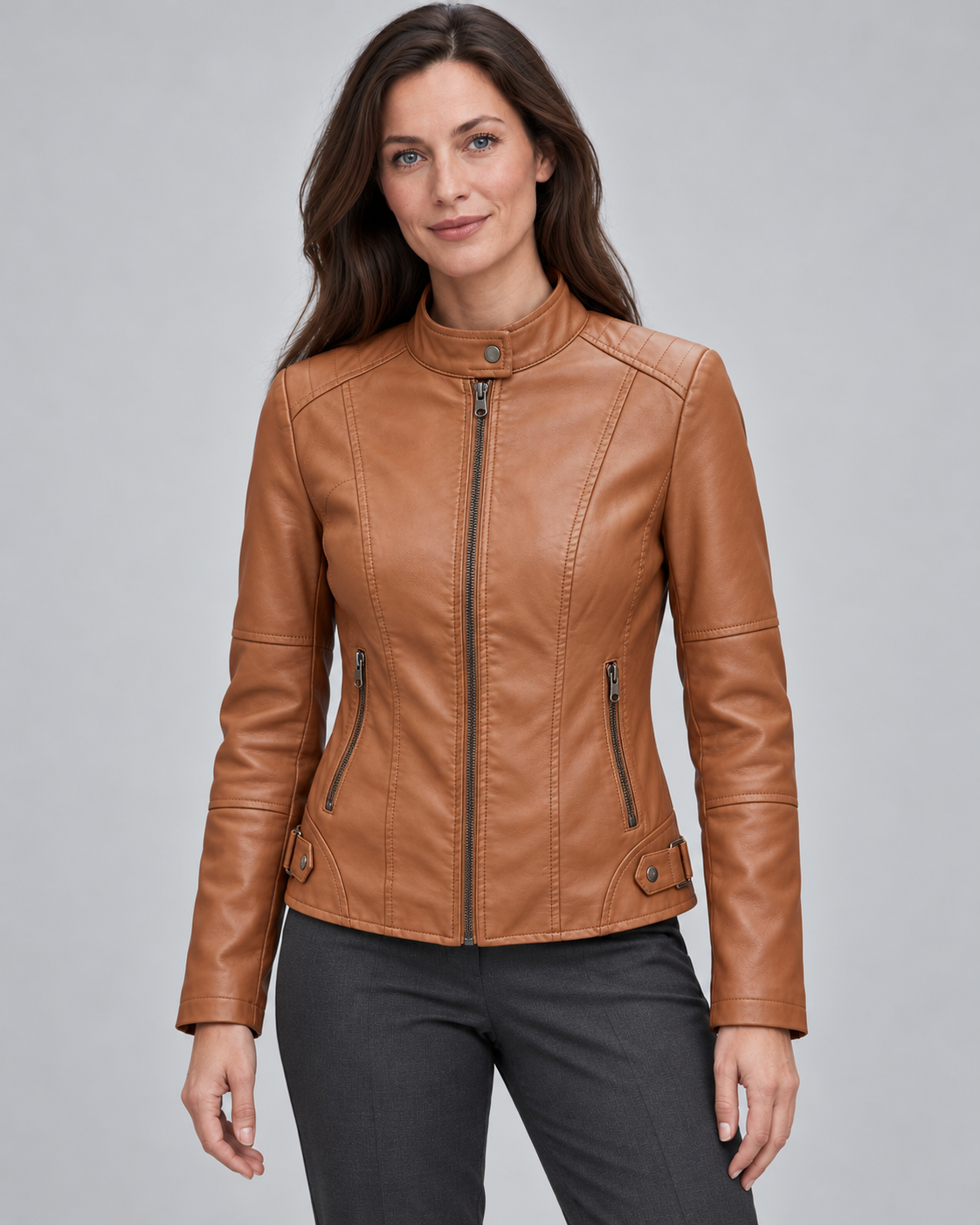 Women’s Faux Leather Jacket With Snap Collar
