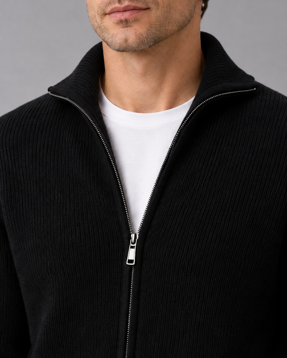 Men’s Cashmere Zip Cardigan – Rib Knit